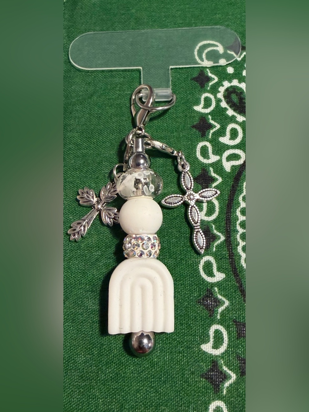 White Beaded Cross Charm Keychain with Rhinestone Accent